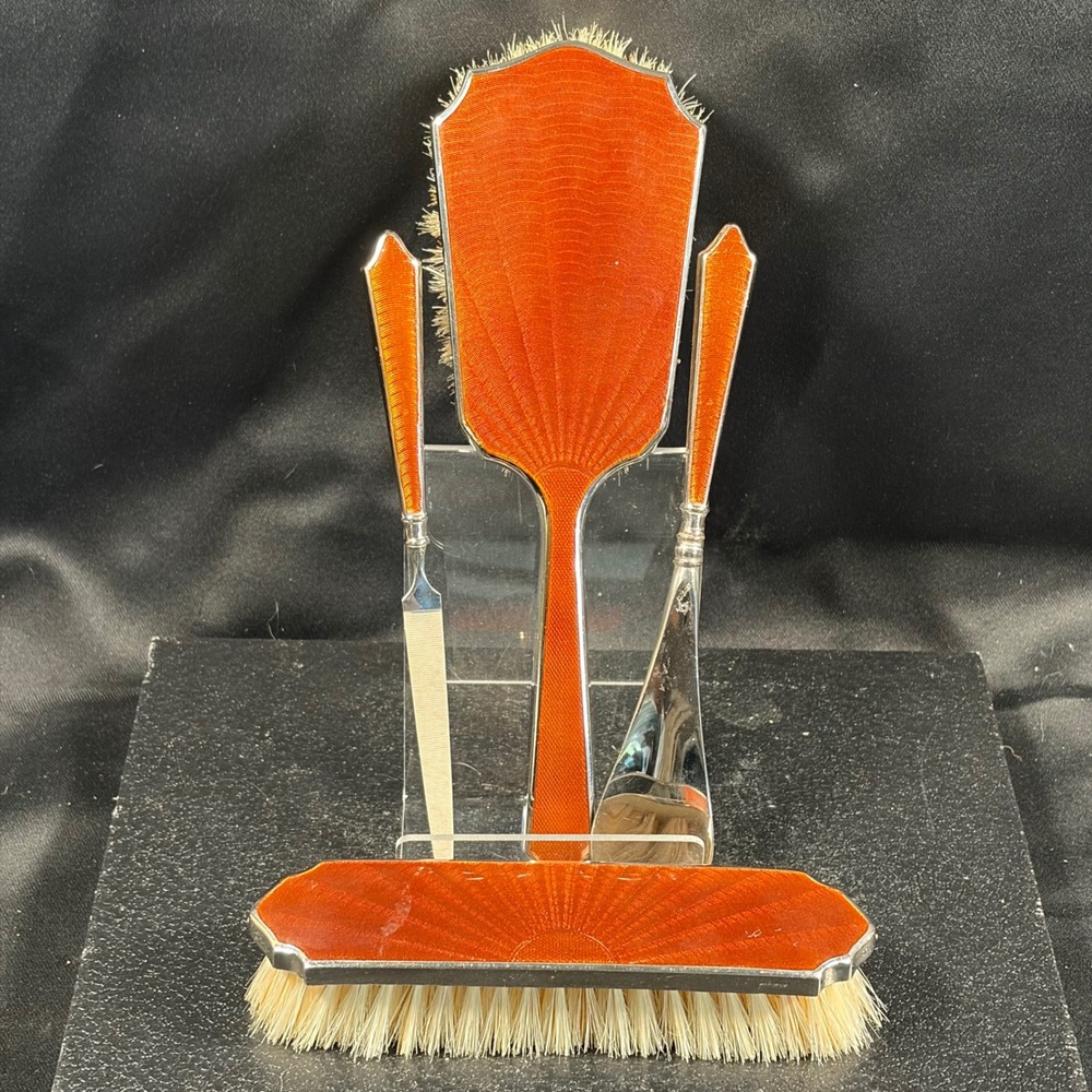 Antique Art Deco Guilloche Enamel Sunburst Vanity Set Orange 4pc Brush Shoe Horn